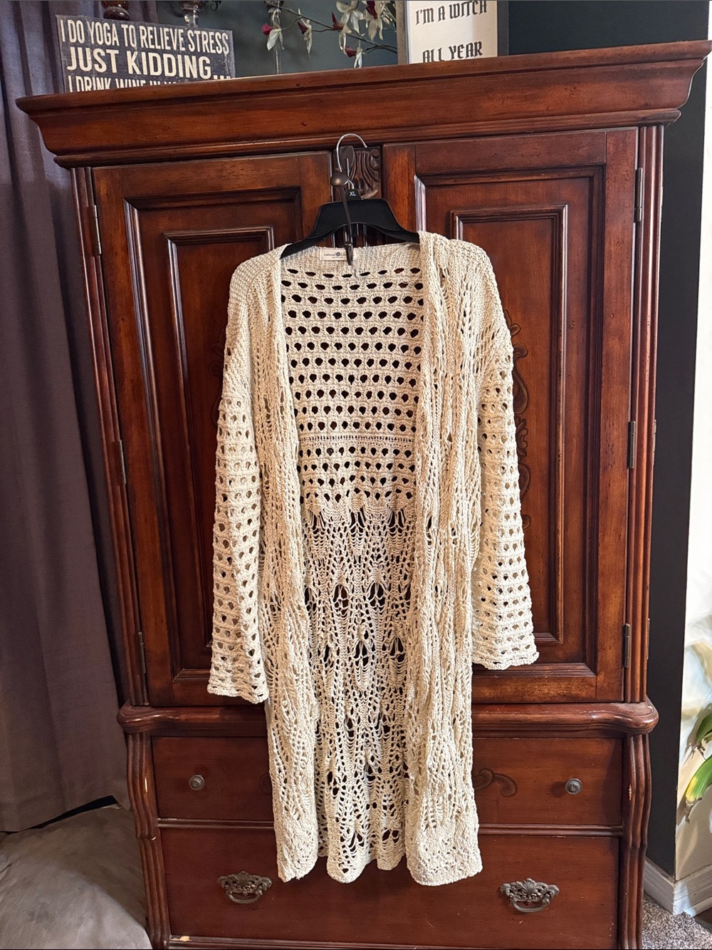 NATURAL LIFE Open-Weave Crochet Long Cardigan - Cream